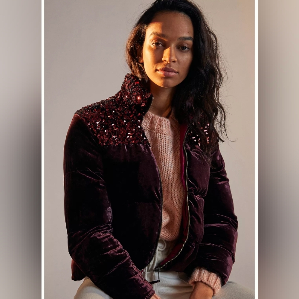 ANTHROPOLOGIE VERA SEQUINED VELVET PUFFER JACKET burgundy small